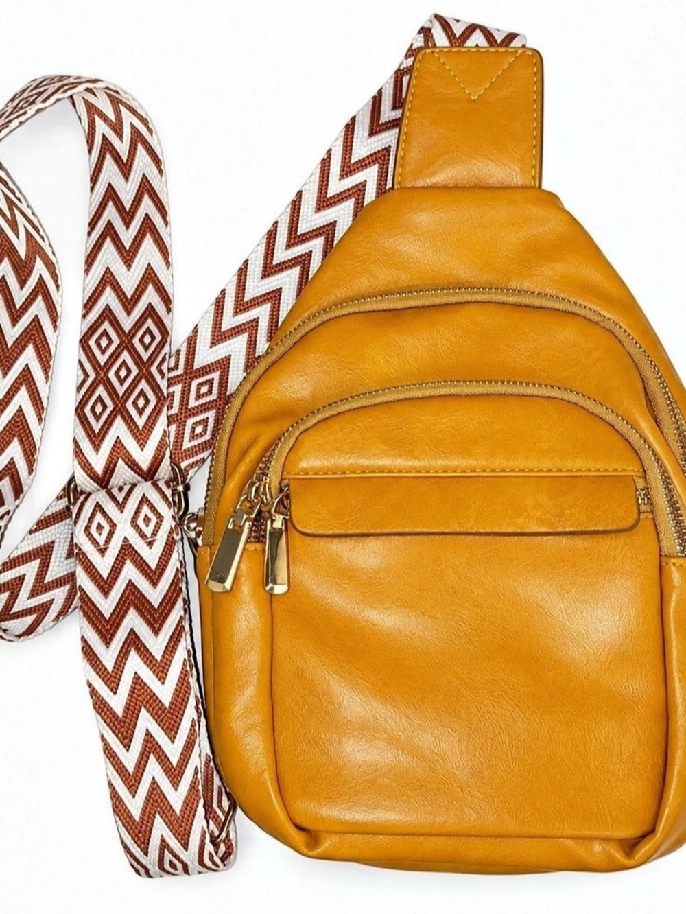Mustard Yellow Sling Backpack Crossbody Bag – Boho Geometric Strap
